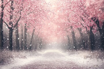 Beautiful pink cherry blossom forest with petal falling in the air, a bokeh effect, pastel colors, a dreamy and romantic atmosphere, soft light, digital art