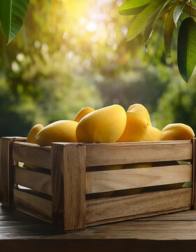 Yellow mango in wood crate on plank wood table with green leaves of mango trees background.