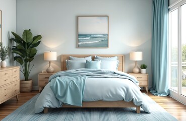 Illustration of coastal-style bedroom features white bedding, weathered wood furniture. Room design with bed, table lamps, ocean picture, plant. Interior in beach colors creating calm mood.