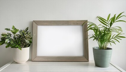 Striking White Room Transformed by Botanical Decor and a Horizontal Frame Mockup, Perfect for Digital Art, Home Decor, or Design Inspiration