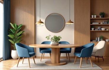 Dining room features oval wooden table, blue chairs. Light brown wood panel walls. Modern interior with lamps, round mirror, bookshelf. Houseplant adds natural touch. Contemporary indoor space with