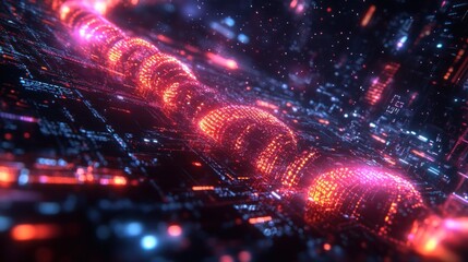Abstract Digital World: Neon Circuitry and Glowing Spheres