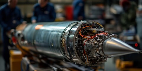 Fototapeta premium Engineers working on rocket engine in technological facility