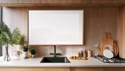 Horizontal ISO A frame mockup featuring a contemporary kitchen with reflective glass artwork, showcasing sleek lines, glossy textures, and a modern ambiance amidst a warm, inviting atmosphere.