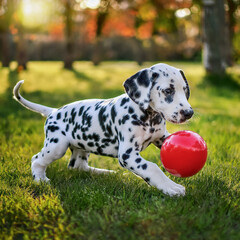 Dalmatian puppy running along a grassy park, playing with a bright red ball, bokeh background 