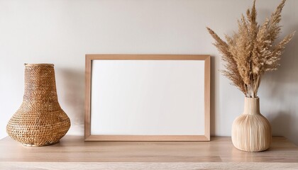 Beige Wooden Frame Mockup with Dried Grass and Wicker Lamp Rustic Elegance Meets Vintage Charm, Perfect for Interior Design Enthusiasts