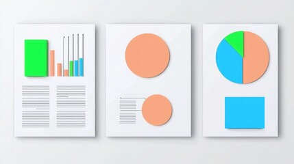A minimalist display of colorful charts and graphs on white sheets, showcasing data visualization and analysis.