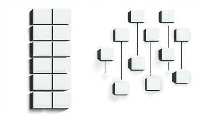 Abstract layout featuring a vertical stack of squares on the left and a branching design of squares on the right, emphasizing geometric shapes and structure.