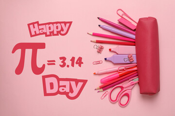 Pi day, school desk, top view, for Pi day holiday.