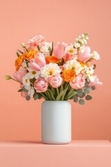 Fototapeta premium Bright Floral Arrangement in a Modern Vase Against a Pastel Coral Background