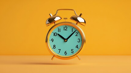 Vintage Alarm Clock with Blue Face Against Minimalist Yellow Background for Modern Decor