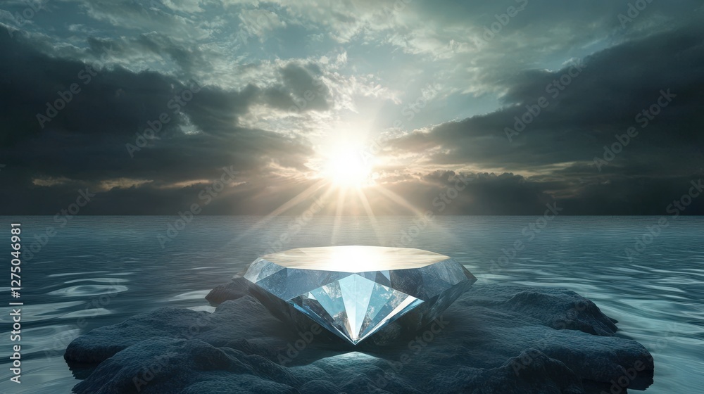 Canvas Prints Giant Diamond Rests on Rocks by Ocean Sunset