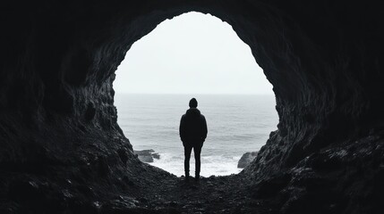 Fototapeta premium Solitude by the Sea: A Man's Silhouette Emerging from a Cave, Gazing at the Ocean's Vastness