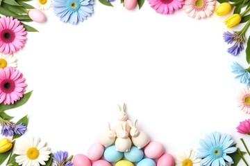 Obraz premium Easter themed border has flowers eggs and bunny figurines on white
