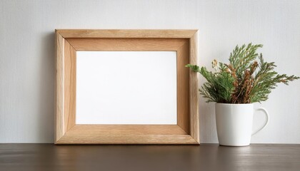 Horizontal Wooden Frame Mockup on White Wall Minimalist Elegance Showcases Versatility for Artwork or Photography, Embracing Neutral Textures and Open Spaces