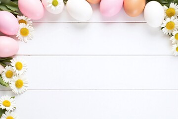 Easter eggs and flowers on white wooden background in pastel
