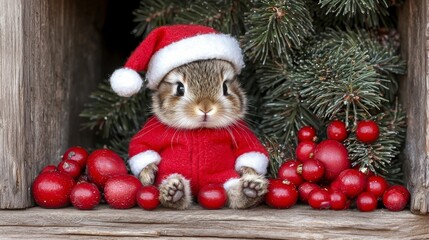 Obraz premium Adorable Bunny in Santa Suit Christmas Tree Red Ornaments Winter Wonderland