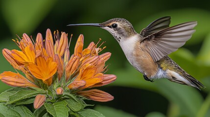 Fototapeta premium Hummingbird Feeding on Vibrant Orange Flower in Flight