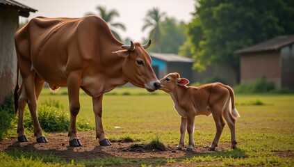 Obraz premium Heartwarming bond Adorable Indian cow nurturing playful calf at a rural cattle farm