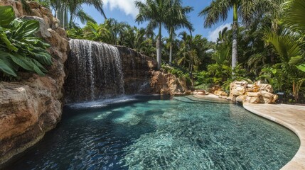 Naklejka premium Luxury Tropical Pool Oasis: Waterfall Paradise