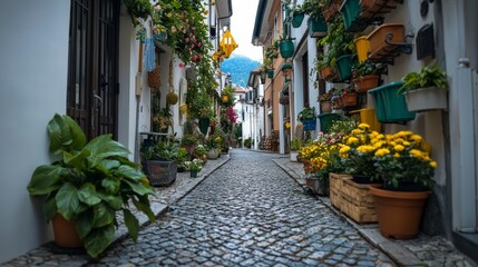 Fototapeta premium Charming Cobblestone Street Vibrant Flowers Italian Village Travel Photography