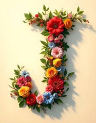Obraz premium letter, J, floral, flowers, vibrant, colorful, artistic, elegant, design, organic, natural, red, yellow, pink, blue, white, blooms, green, leaves, accents, beige, background, soft, texture, warm, 