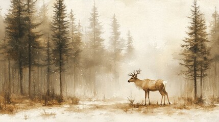 Watercolor Reindeer in Snowy Winter Forest   Nature Art Print