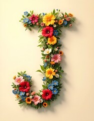 letter, J, floral, flowers, vibrant, colorful, artistic, elegant, design, organic, natural, red, yellow, pink, blue, white, blooms, green, leaves, accents, beige, background, soft, texture, warm, 