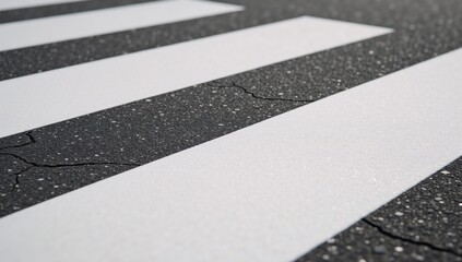 Fototapeta premium Close-up view of freshly marked pedestrian crossings with grey asphalt textures and contrasting white lines set against a cracked asphalt backdrop