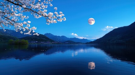 Full moon illuminating a serene lake at night with reflections on the water surface