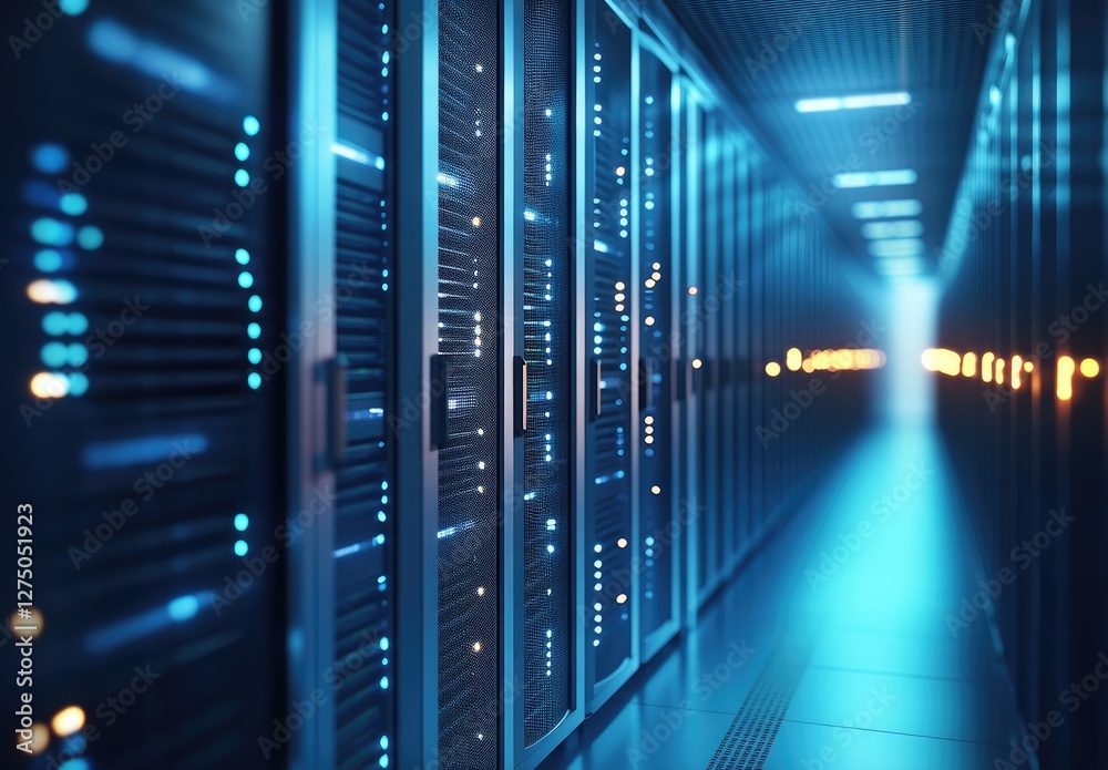 Poster a futuristic data center with glowing server racks and bright blue lights, representing cloud comput