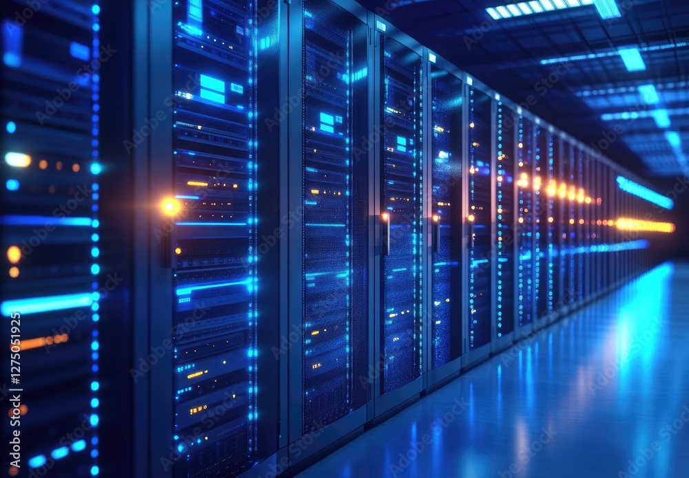 Poster A modern data center with rows of illuminated server racks, symbolizing cloud computing, cybersecurity, and digital infrastructure. Ideal for IT, AI, and network security themes