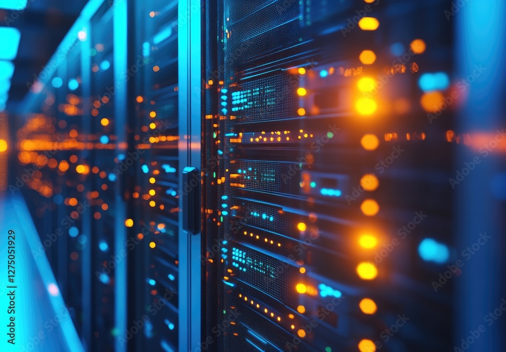 Aufkleber A close-up view of glowing data servers in a high-tech environment, symbolizing cloud computing, cybersecurity, and digital infrastructure. Ideal for IT, AI, and network security themes