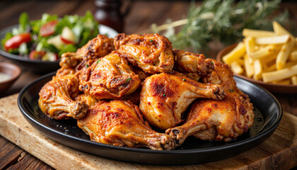 Fototapeta premium Delicious roasted chicken wings on wooden table