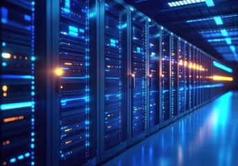 A modern data center with rows of illuminated server racks, symbolizing cloud computing, cybersecurity, and digital infrastructure. Ideal for IT, AI, and network security themes