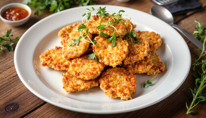 Golden fritters on white plate with fresh herbs