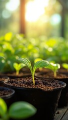 Young plant seedling emerging from dark soil in a black pot with sunlight shining in the background