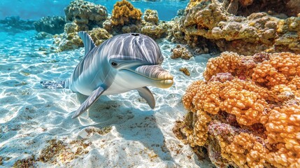 Fototapeta premium Playful Dolphin in Vibrant Coral Reef Underwater Paradise