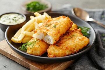 Fototapeta premium Crispy Fried Fish Filets Served With Fries And Sauce