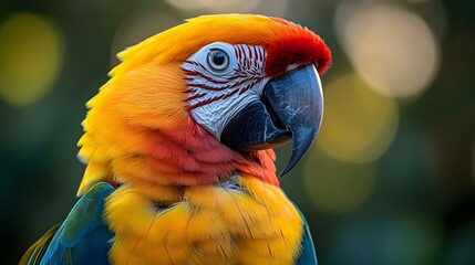 Obraz premium Detailed Portrait of a Vibrant Macaw Parrot with Colorful Plumage and Soft Bokeh Background