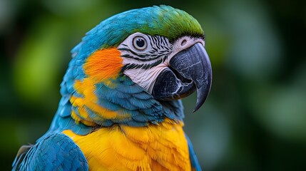Fototapeta premium Detailed Close Up of a Blue and Gold Macaw Portrait with Lush Green Background