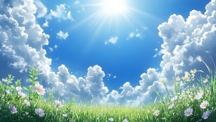 Obraz premium Sunny meadow, vibrant flowers, blue sky, fluffy clouds, idyllic spring scene