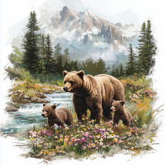 Majestic Brown Bears Family in a Scenic Mountain Landscape with Wildflowers and a River