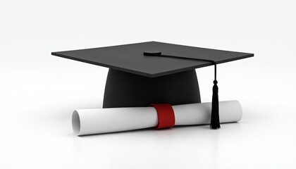 Cap and diploma, graduation day concept, white backdrop