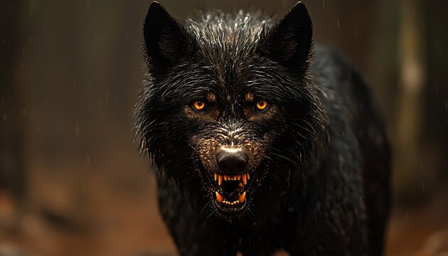 Black wolf snarling, forest, rain, danger