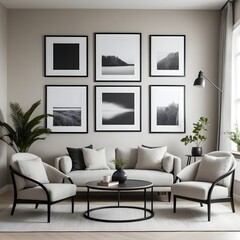 Modern Living Room Interior with Neutral Tones and Black and White Artwork