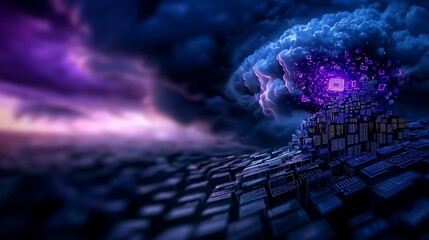 Abstract digital landscape depicting a futuristic cityscape under a stormy sky