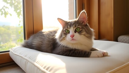 cat lounging by a sunlit window, looking outside