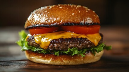 Close Up of Delicious Cheeseburger with Tomatoes Lettuce and Melted Cheese on Rustic Wooden Table