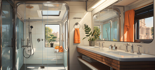 a minimalistic luxury mid century interior train bathroom, ai generative